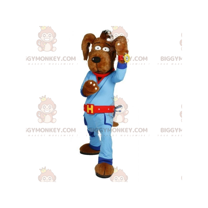 Bruine hond BIGGYMONKEY™ mascottekostuum met blauwe jumpsuit -