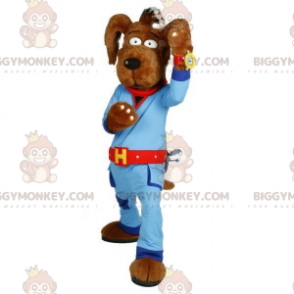 Brauner Hund BIGGYMONKEY™ Maskottchen-Kostüm mit blauem Overall