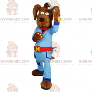 Disfraz de mascota de perro marrón BIGGYMONKEY™ con mono azul -
