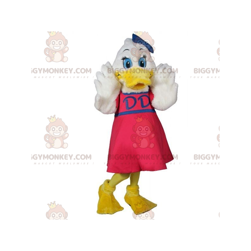 Traje de mascote de pato branco BIGGYMONKEY™ com vestido rosa –