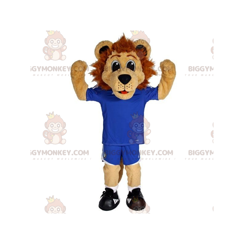 Kostium maskotki BIGGYMONKEY™ Brązowy lew w niebieskiej odzieży