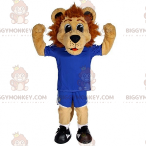 Kostium maskotki BIGGYMONKEY™ Brązowy lew w niebieskiej odzieży