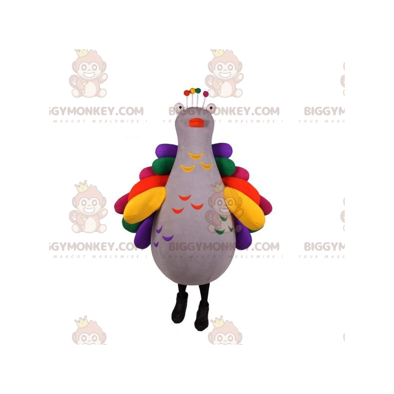 Zeer kleurrijk BIGGYMONKEY™-mascottekostuum met duivenpauw.