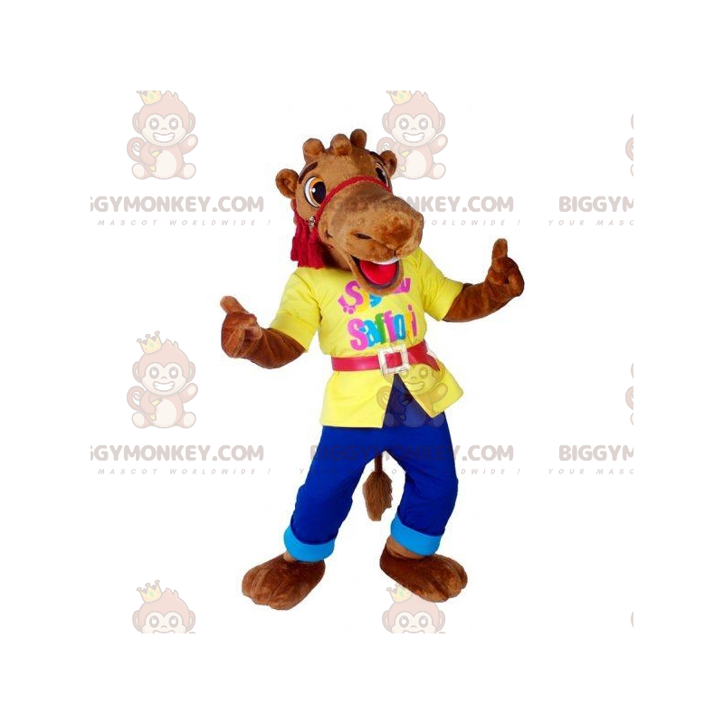 BIGGYMONKEY™ Dromedar-Maskottchen-Kostüm mit buntem Outfit -