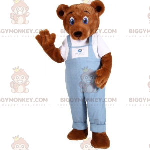 Brown Teddy BIGGYMONKEY™ Mascot Costume Wearing Denim Overalls