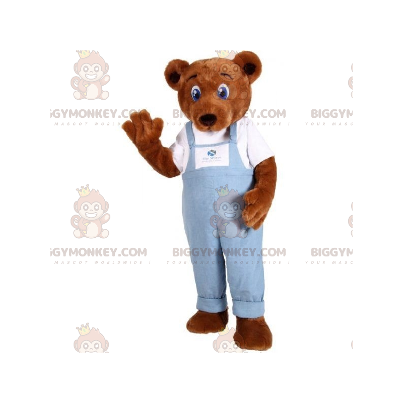 Bruin Teddy BIGGYMONKEY™-mascottekostuum in denim overall -