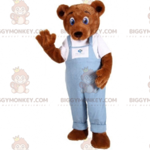 Brun Teddy BIGGYMONKEY™ maskotdräkt i jeansoverall -