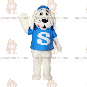 Fantasia de mascote BIGGYMONKEY™ cão branco com camiseta azul –