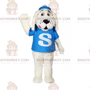 Kostium maskotki BIGGYMONKEY™ biały pies z niebieską koszulką -