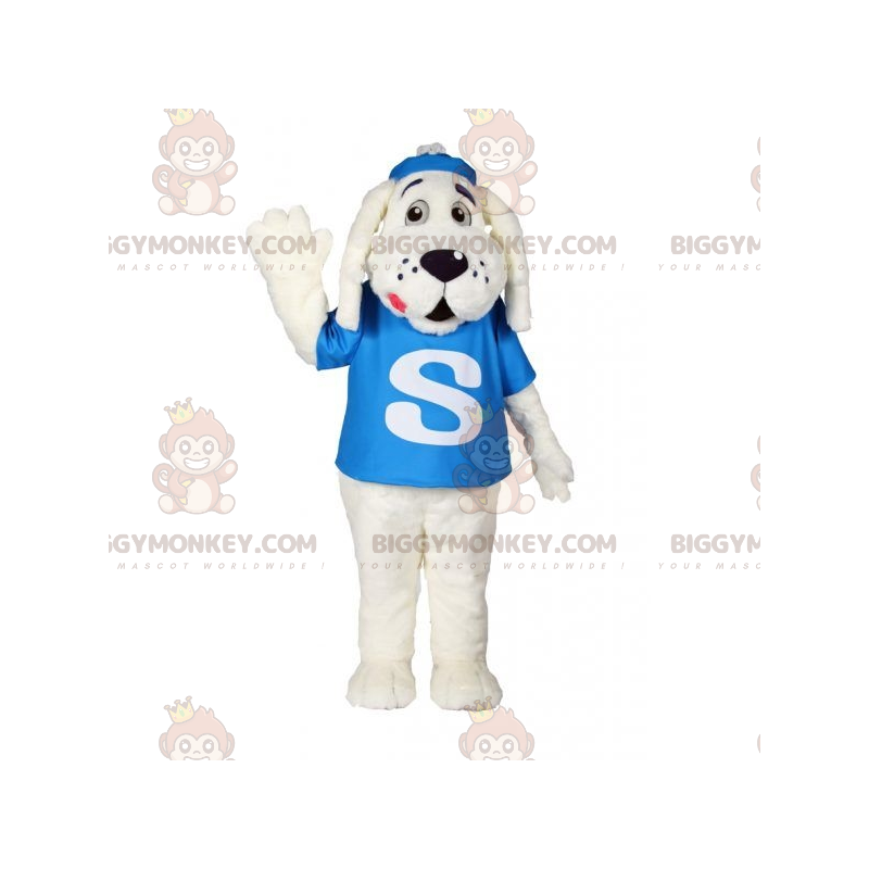 BIGGYMONKEY™ maskottiasu Valkoinen koira sinisellä T-paidalla -
