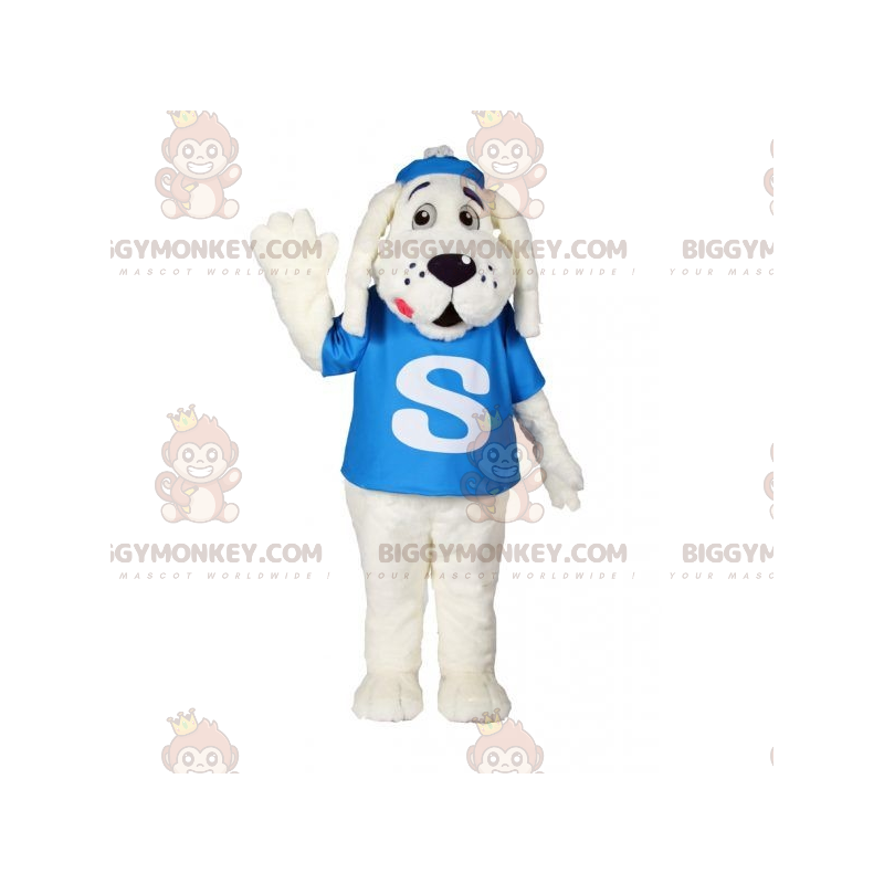 Fantasia de mascote BIGGYMONKEY™ cão branco com camiseta azul –