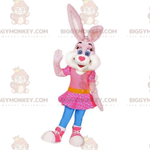 Costume de mascotte BIGGYMONKEY™ de lapin rose et blanc avec