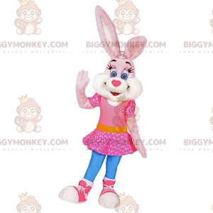 Rosa och vit kanin BIGGYMONKEY™ maskotdräkt med rosa klänning -