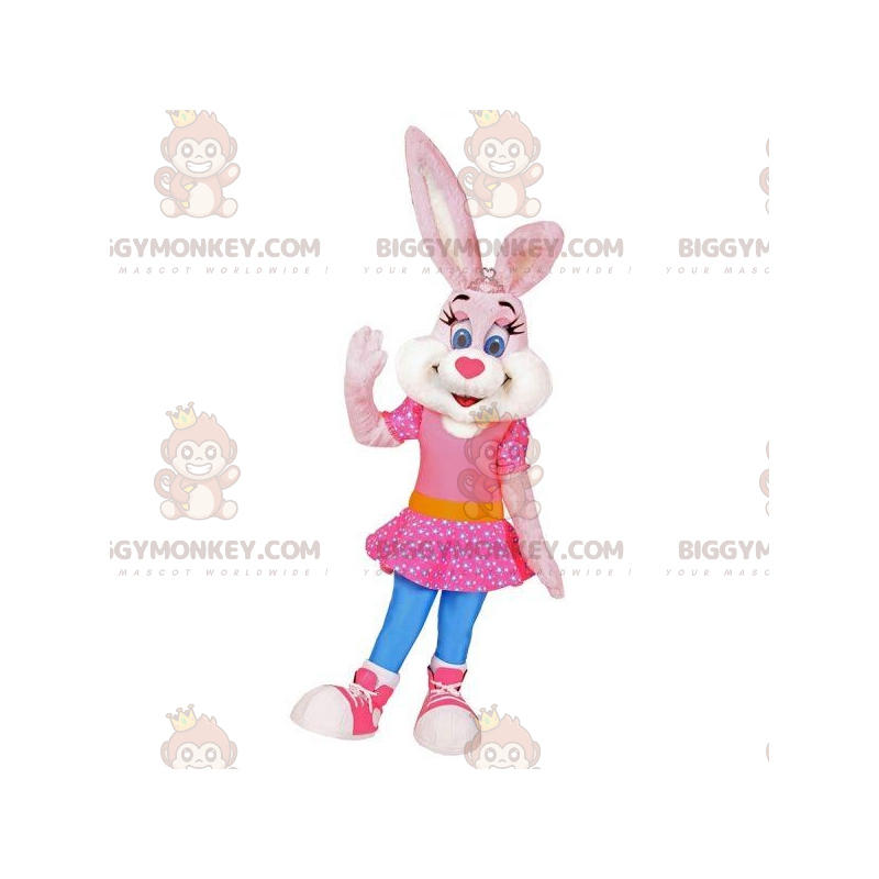 Costume de mascotte BIGGYMONKEY™ de lapin rose et blanc avec