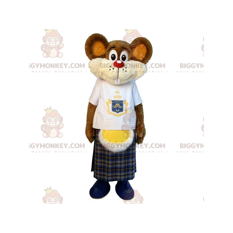 Costume de mascotte BIGGYMONKEY™ de souris marron avec un kilt.
