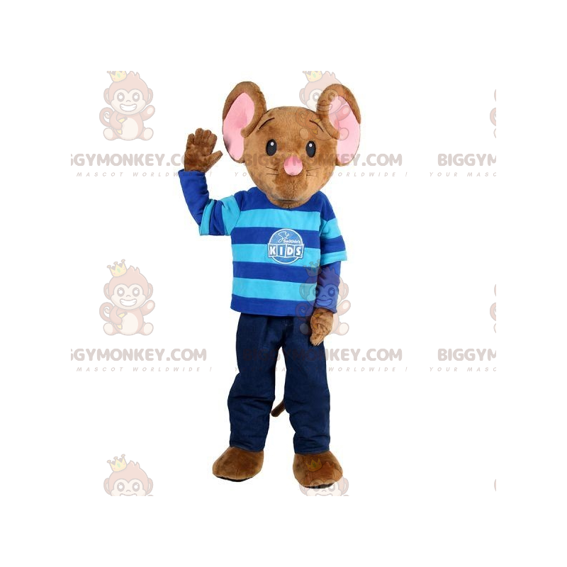Bruin en roze muis BIGGYMONKEY™ mascottekostuum met blauwe