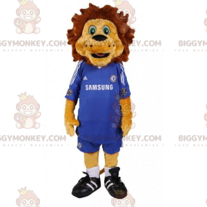 BIGGYMONKEY™ Brown Lion Mascot Costume With Blue Soccer Outfit