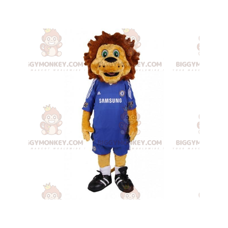 Kostým maskota hnědého lva BIGGYMONKEY™ s modrým fotbalovým
