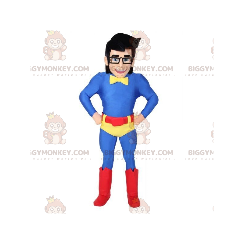Supersankari BIGGYMONKEY™ maskottiasu, jossa lasit ja värikäs