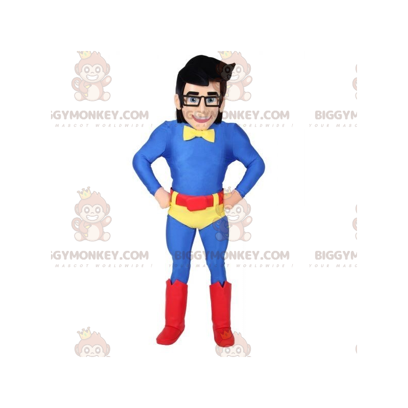 Traje de mascote de super-herói BIGGYMONKEY™ com óculos e roupa