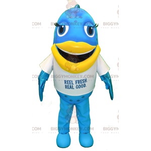 Blauw en geel Big Fun Fish BIGGYMONKEY™ mascottekostuum -