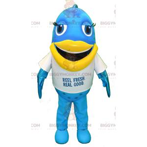 Sininen ja keltainen Big Fun Fish BIGGYMONKEY™ maskottiasu -