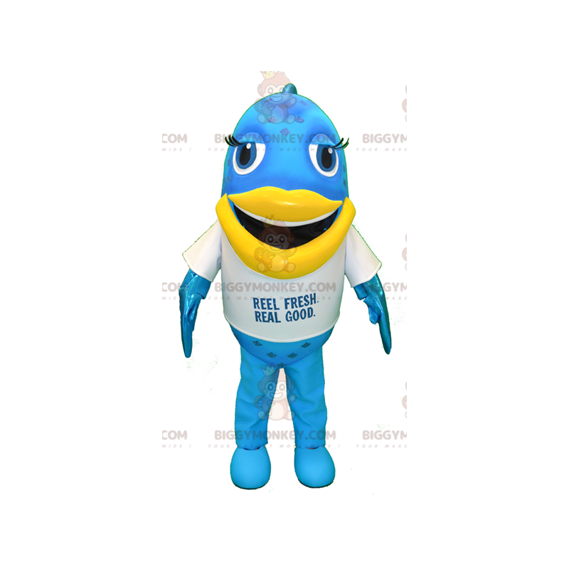 Blau-gelbes Big Fun Fish BIGGYMONKEY™ Maskottchen-Kostüm -