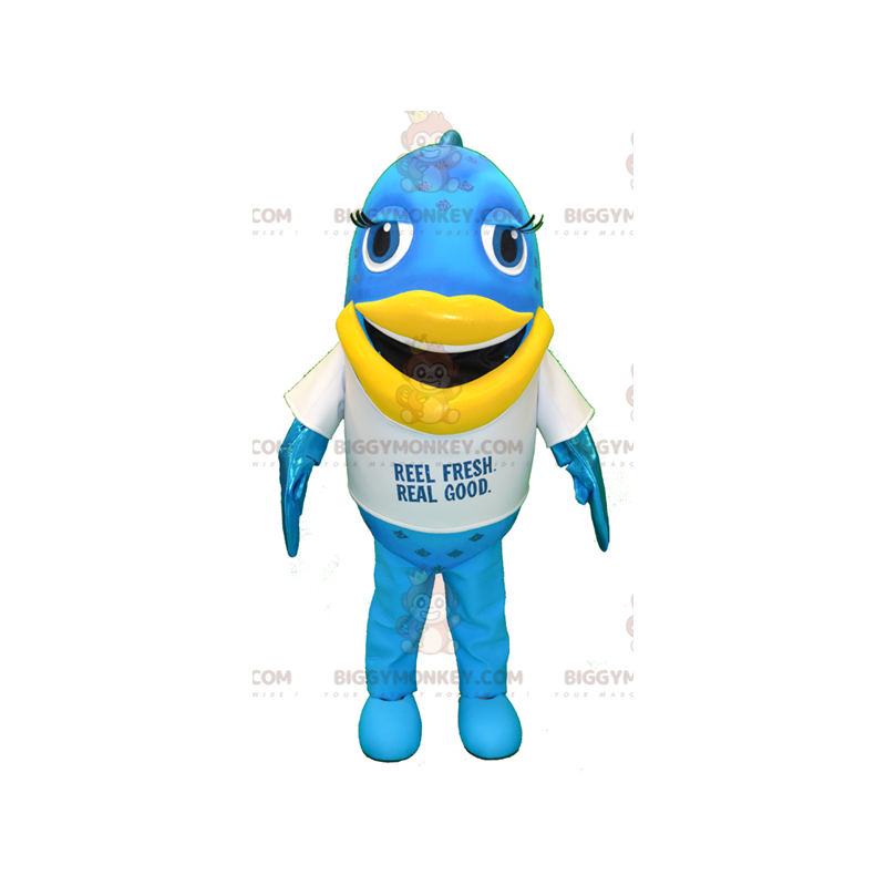 Μπλε και κίτρινη στολή μασκότ Big Fun Fish BIGGYMONKEY™ -