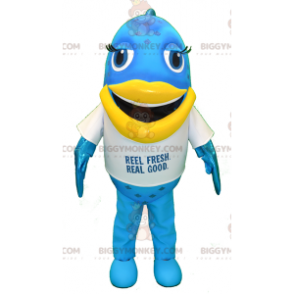 Blau-gelbes Big Fun Fish BIGGYMONKEY™ Maskottchen-Kostüm -