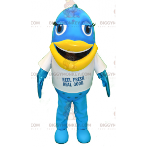 Disfraz de mascota Big Fun Fish azul y amarillo BIGGYMONKEY™ -