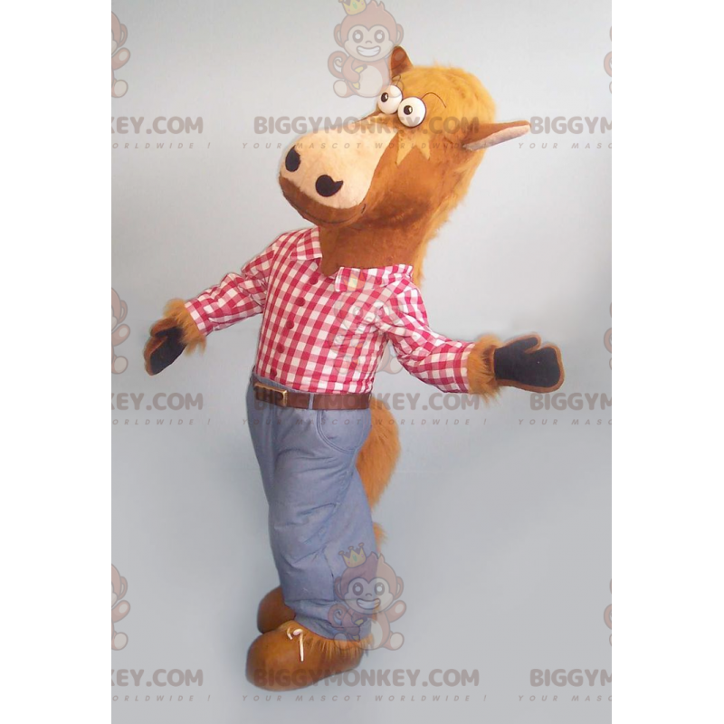 Bruin paard BIGGYMONKEY™ mascottekostuum met geruit overhemd en