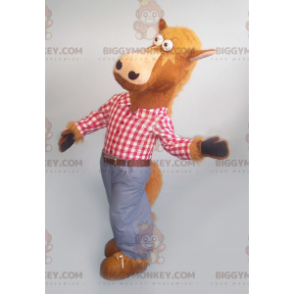 Brown Horse BIGGYMONKEY™ Mascot Costume with Plaid Shirt and