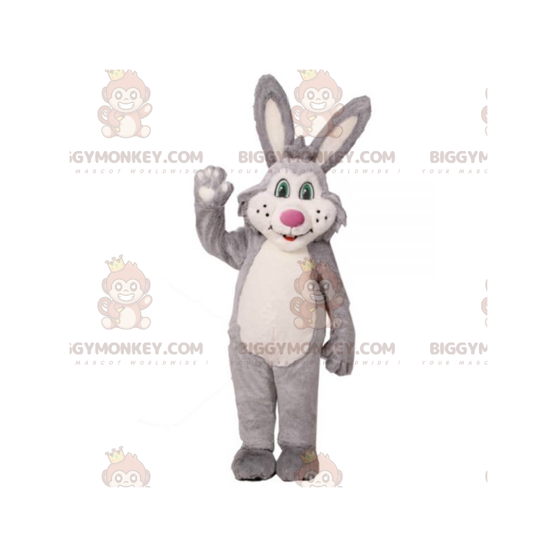 Disfraz de mascota de conejo de peluche gris y blanco