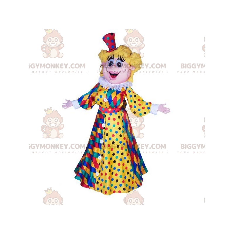 Traje de mascote de mulher loira BIGGYMONKEY™ com vestido de