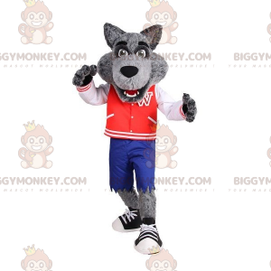 Realistinen Grey Wolf BIGGYMONKEY™ maskottiasu, jossa takki ja