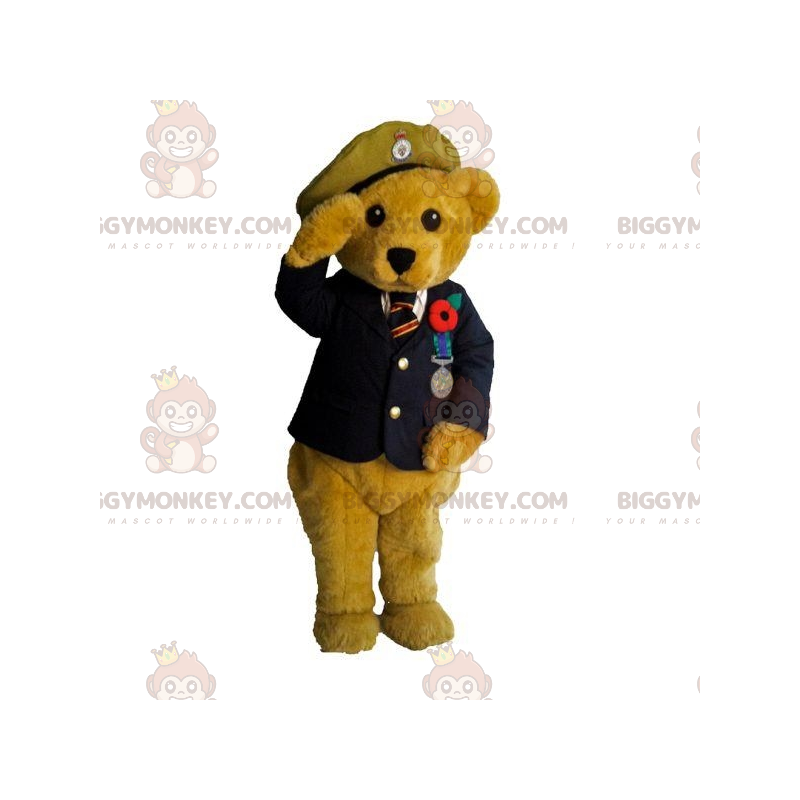 Traje de mascote BIGGYMONKEY™ ursinho bege em uniforme militar