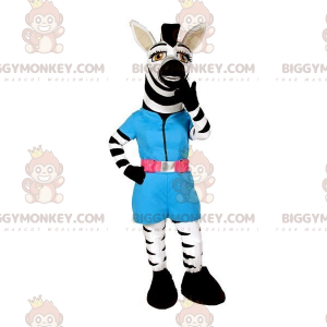 Bílo-černý kostým maskota zebry BIGGYMONKEY™ s modrým outfitem