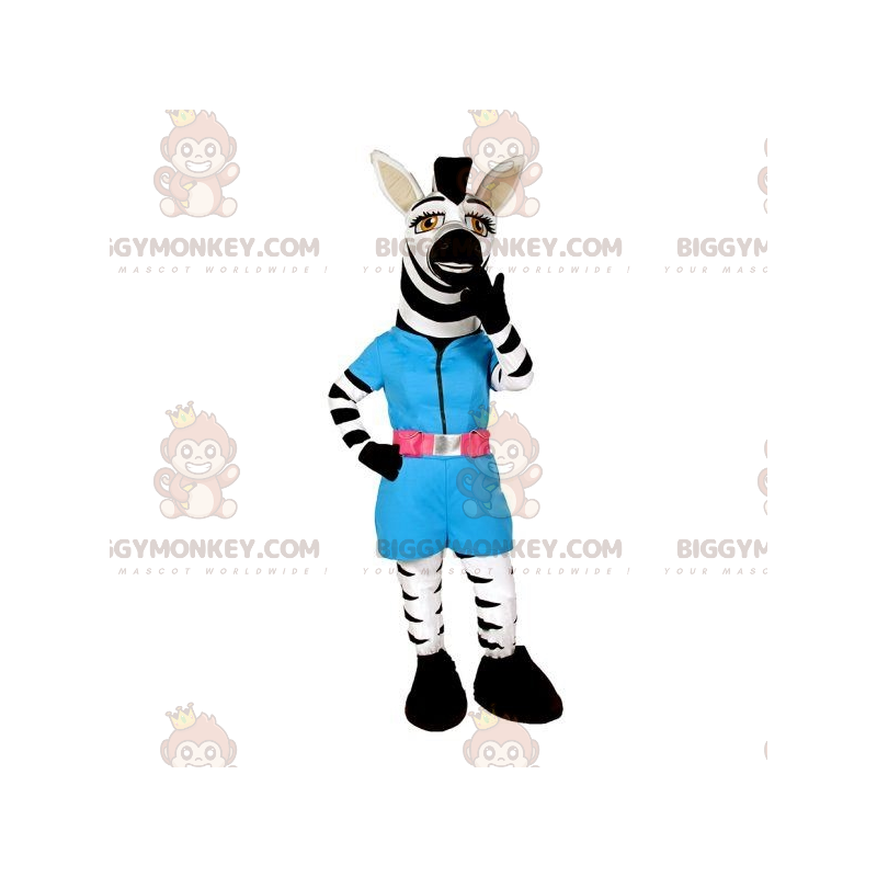Kostium maskotki biało-czarnej zebry BIGGYMONKEY™ z niebieskim