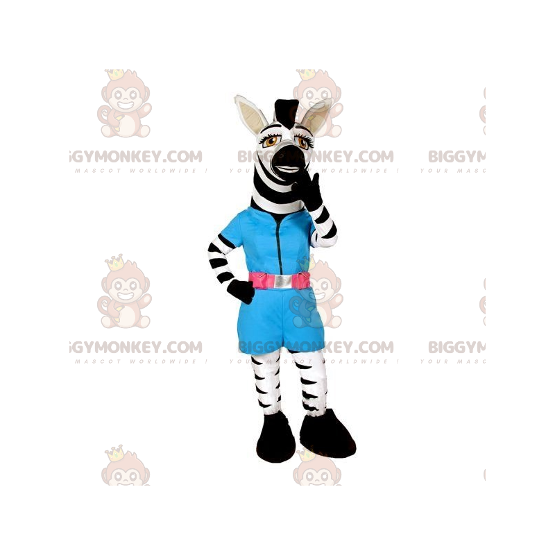 Wit en zwart zebra BIGGYMONKEY™ mascottekostuum met blauwe