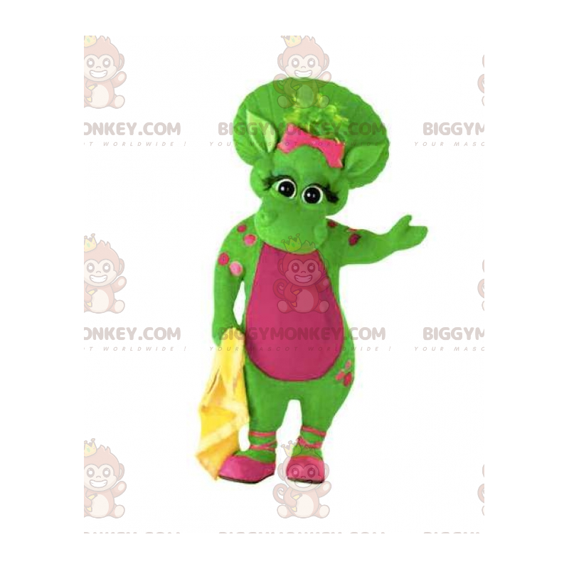 Traje de mascote gigante de dinossauro verde e rosa