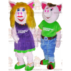 2 cerdos, la mascota de BIGGYMONKEY™, un niño y una niña. traje