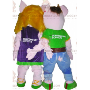 2 cerdos, la mascota de BIGGYMONKEY™, un niño y una niña. traje