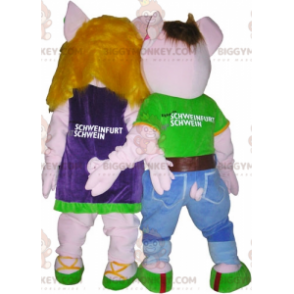 Duo de mascottes BIGGYMONKEY™ de cochons un garçon et une