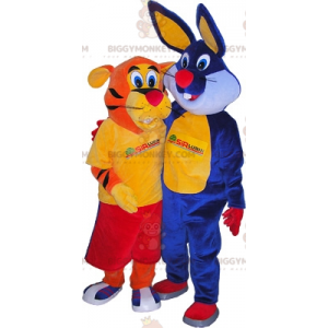 Duo de mascottes BIGGYMONKEY™ un tigre orange et un lapin bleu