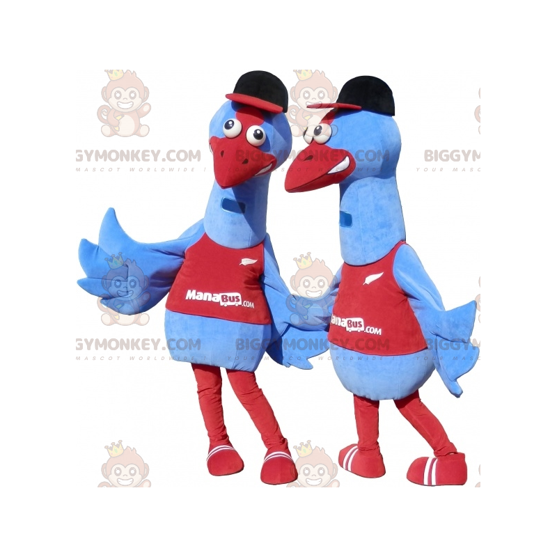 2 BIGGYMONKEY's blauwe vogelmascotte. 2 struisvogelkostuums -