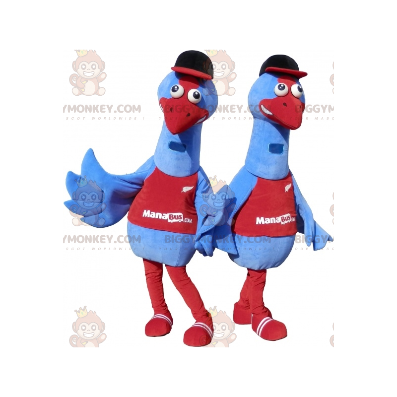 2 BIGGYMONKEY's blauwe vogelmascotte. 2 struisvogelkostuums -