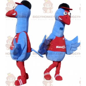 2 BIGGYMONKEY's blauwe vogelmascotte. 2 struisvogelkostuums -