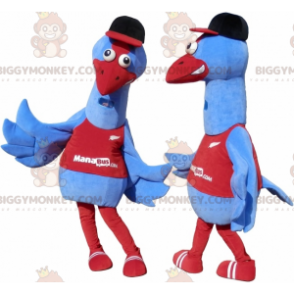2 BIGGYMONKEY's blauwe vogelmascotte. 2 struisvogelkostuums -