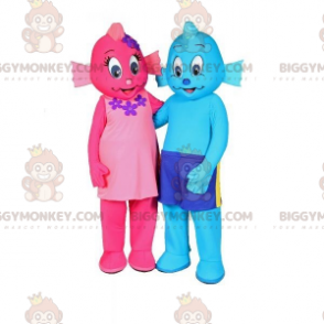 2 Fisch-Maskottchen BIGGYMONKEY™, einer rosa und einer blau. 2