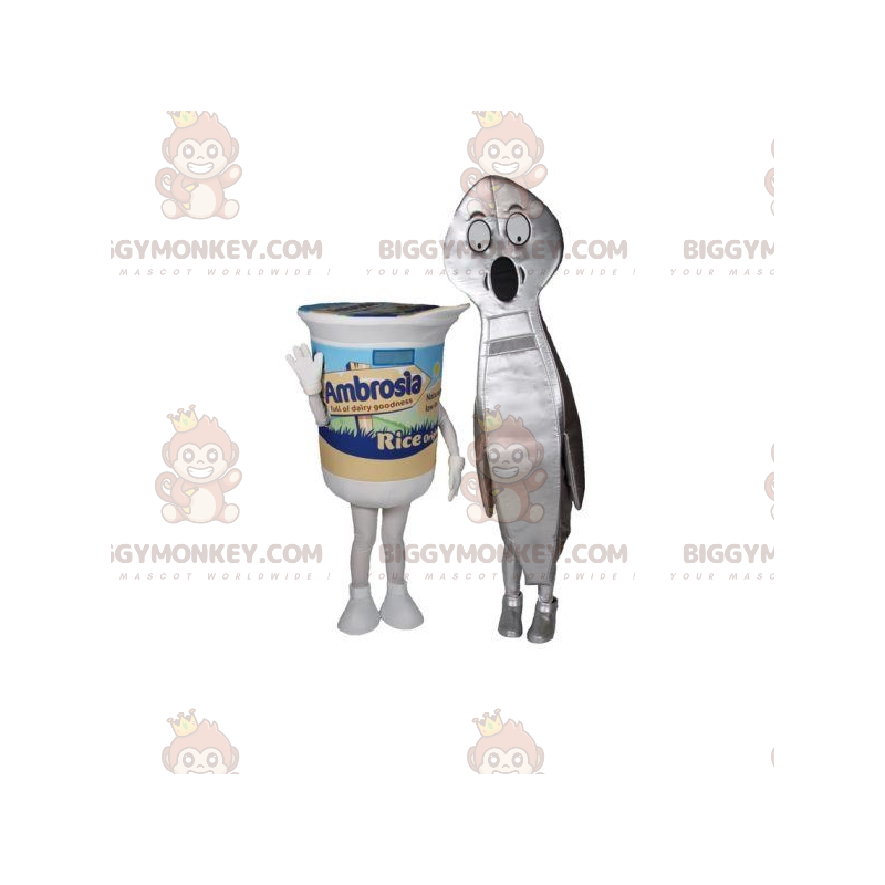2 mascot BIGGYMONKEY™s a yoghurt and a giant spoon -